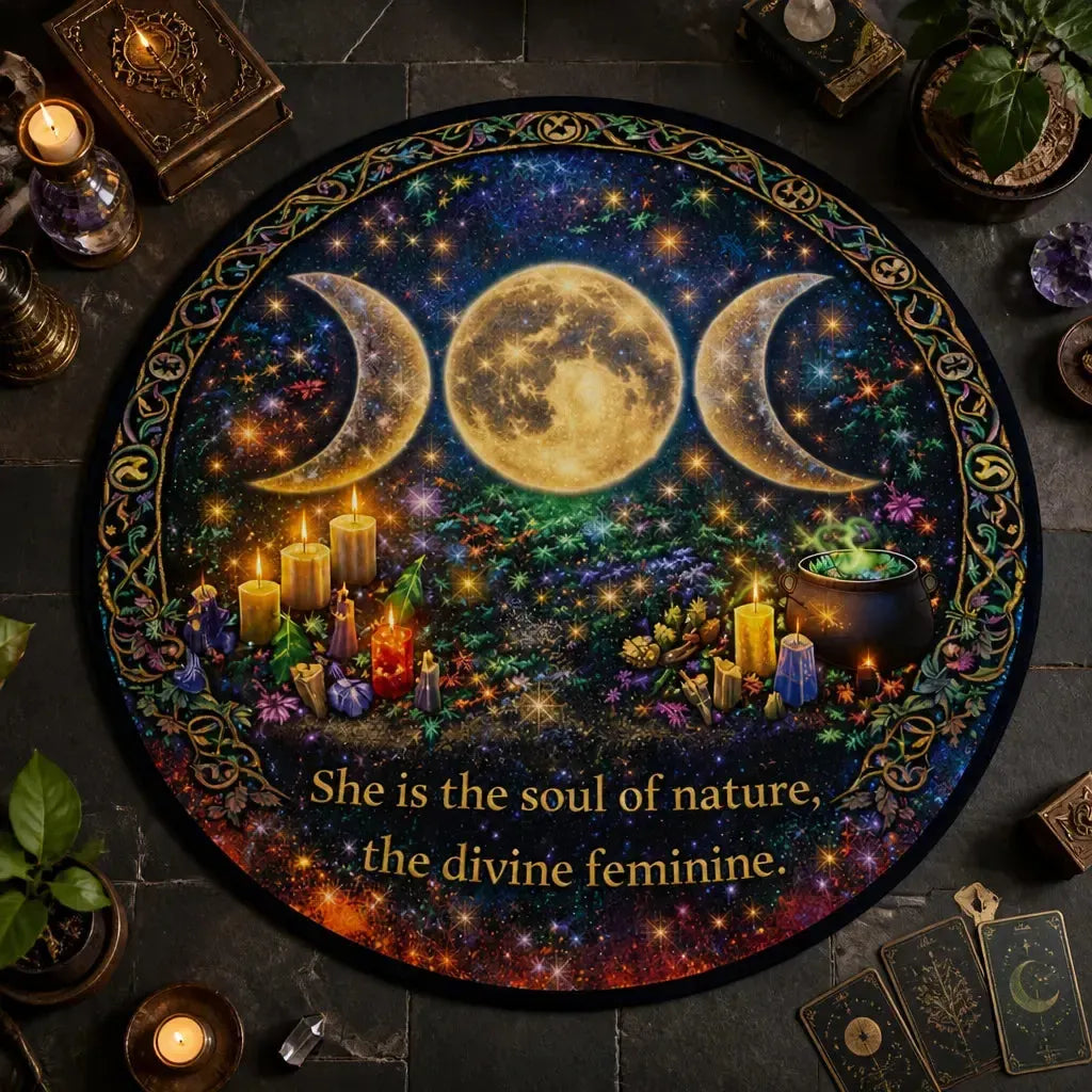 Triple Moon Wiccan Round Rug Pagan Symbol Carpet for Yule  Home Decor_mockup_2.webp