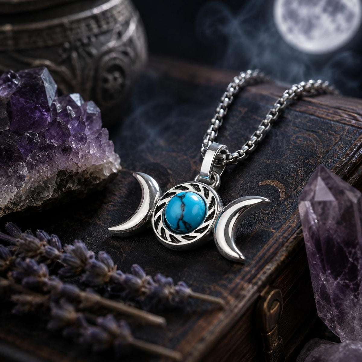 Triple Moon Goddess Turquoise Necklace Amulet Pendant-MoonChildWorld