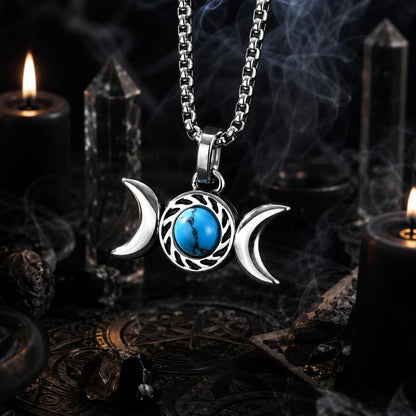 Triple Moon Goddess Turquoise Necklace Amulet Pendant-MoonChildWorld