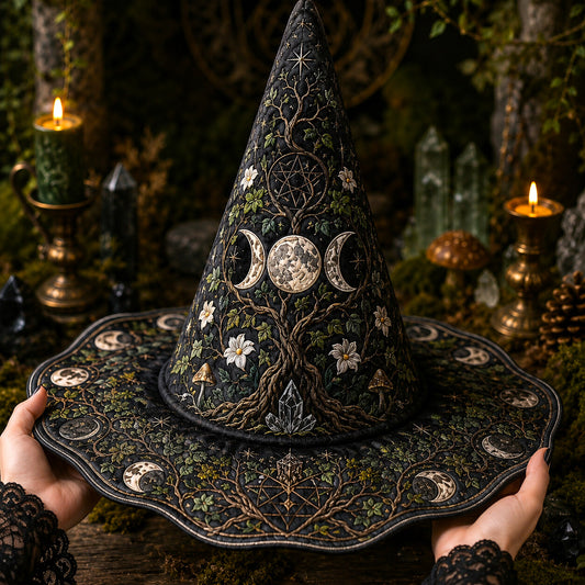 Triple Moon Witch Hat – Sacred Grove Wiccan Pagan Wide Brim Hat – worn, front view
