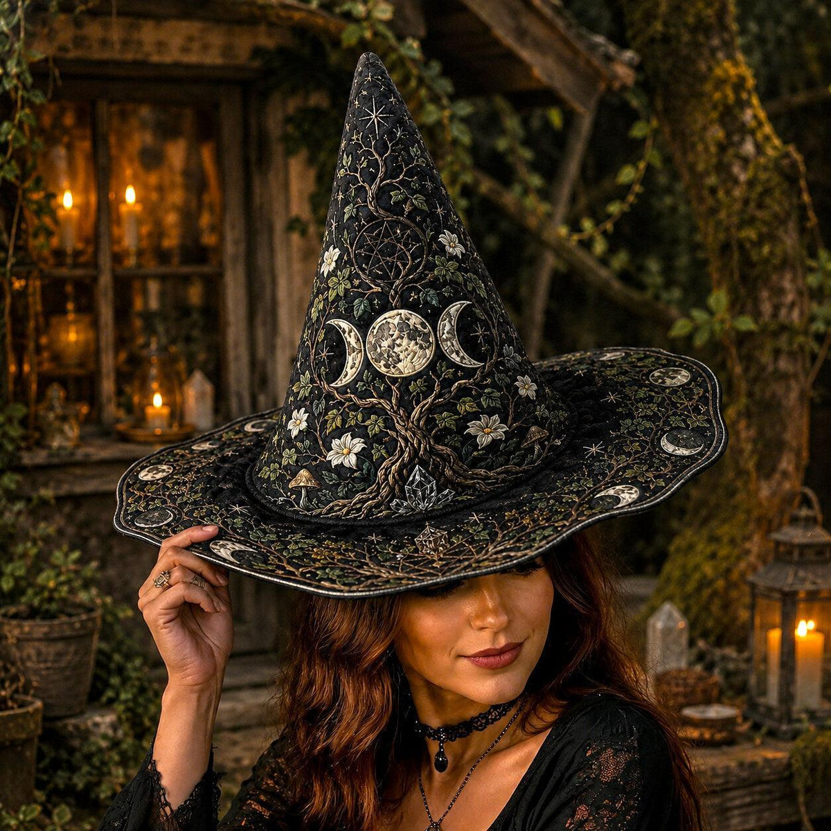 Triple Moon Witch Hat – Sacred Grove Wiccan Pagan Wide Brim Hat – styled with candles and crystals
