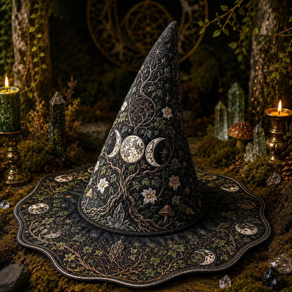Triple Moon Witch Hat – Sacred Grove Wiccan Pagan Wide Brim Hat – quilting and print detail