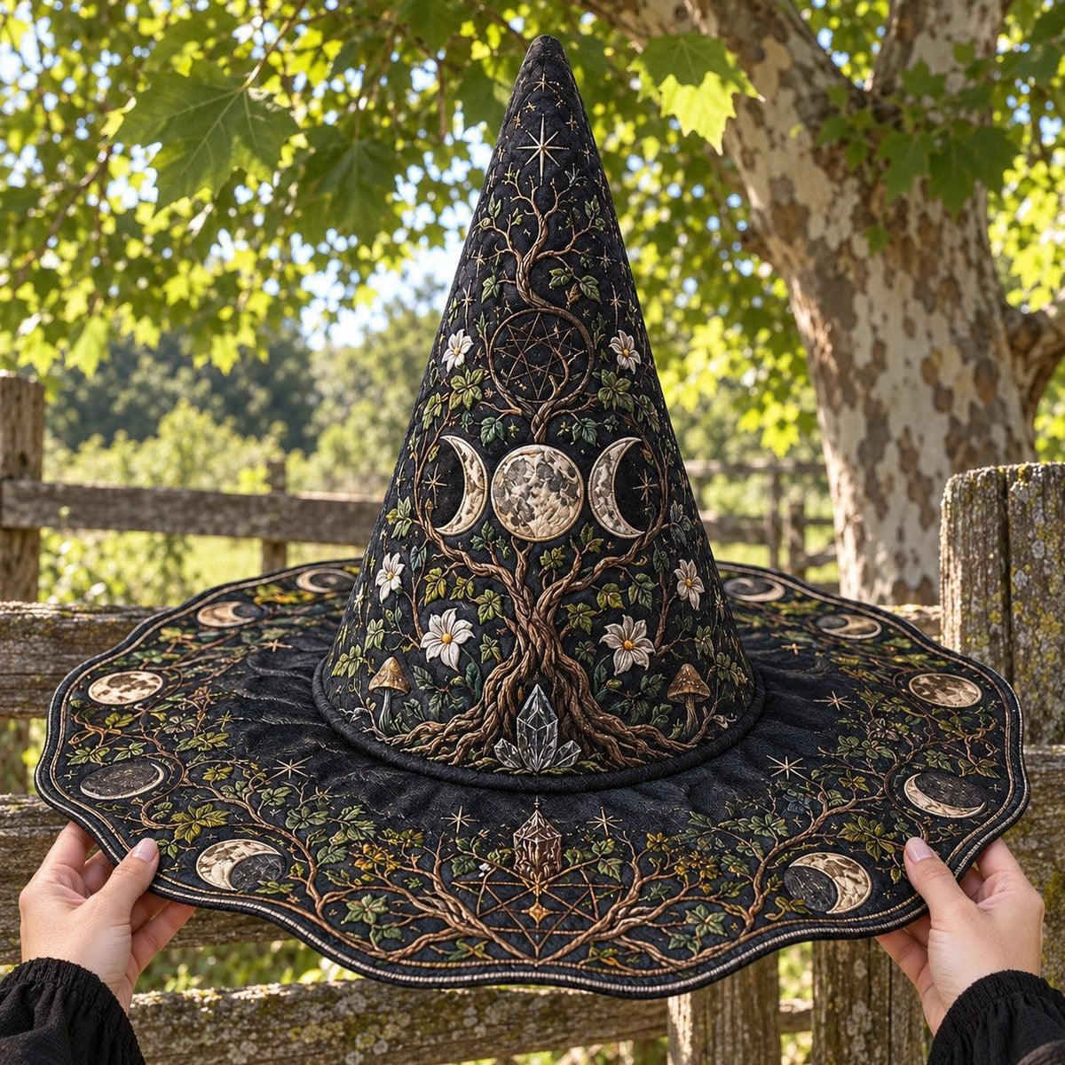 Triple Moon Witch Hat held by witch hands outdoors in natural sunlight