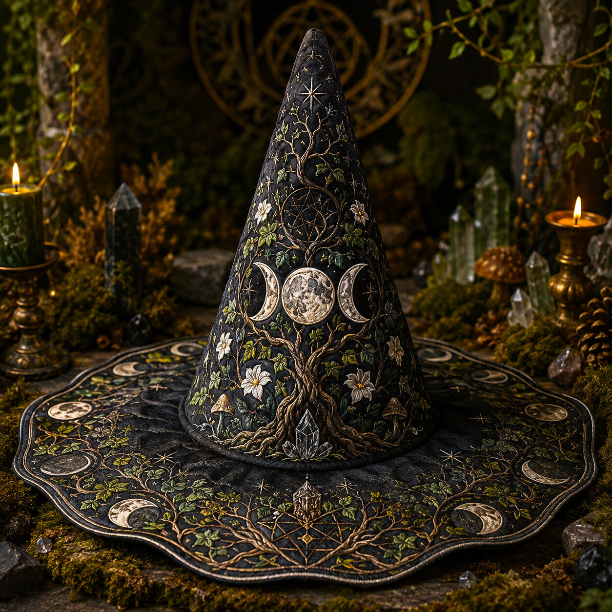 Triple Moon Witch Hat – Sacred Grove Wiccan Pagan Wide Brim Hat – on an altar table