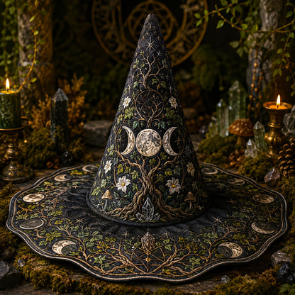 Triple Moon Witch Hat – Sacred Grove Wiccan Pagan Wide Brim Hat – on an altar table