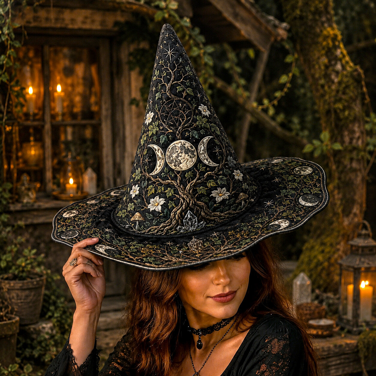 Triple Moon Witch Hat – Sacred Grove Wiccan Pagan Wide Brim Hat – styled with candles and crystals