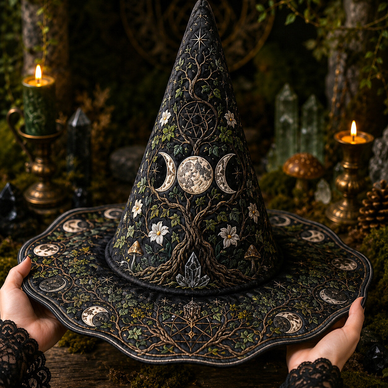 Triple Moon Witch Hat – Sacred Grove Wiccan Pagan Wide Brim Hat – worn, front view