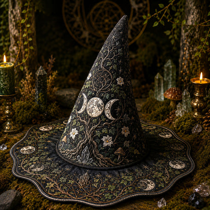 Triple Moon Witch Hat – Sacred Grove Wiccan Pagan Wide Brim Hat – quilting and print detail