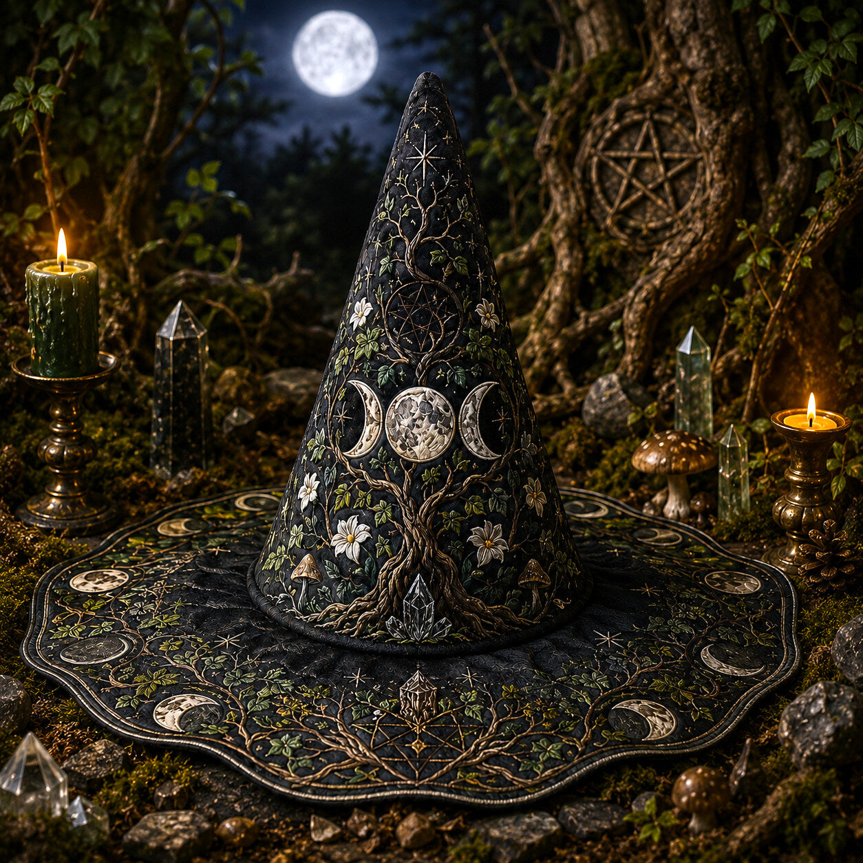 Triple Moon Witch Hat – Sacred Grove Wiccan Pagan Wide Brim Hat – held in both hands