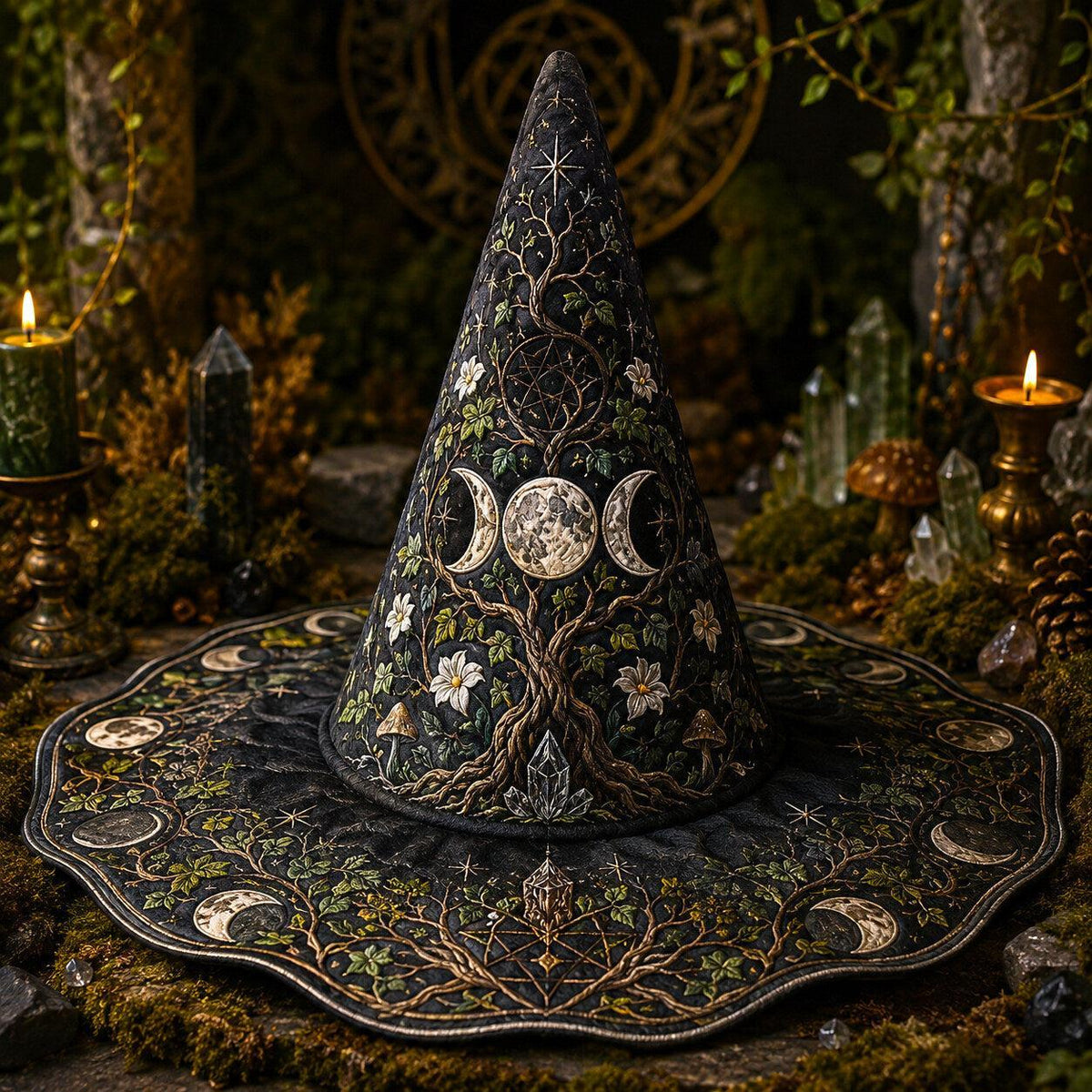 Triple Moon Witch Hat – Sacred Grove Wiccan Pagan Wide Brim Hat – on an altar table