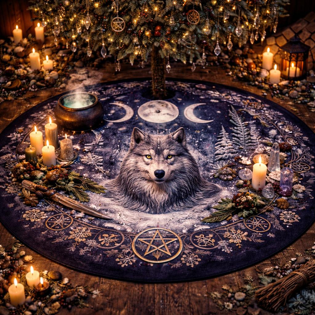 Dark blue velvet Yule tree skirt with a gray wolf, triple moon, pentagram, and winter forest design.
