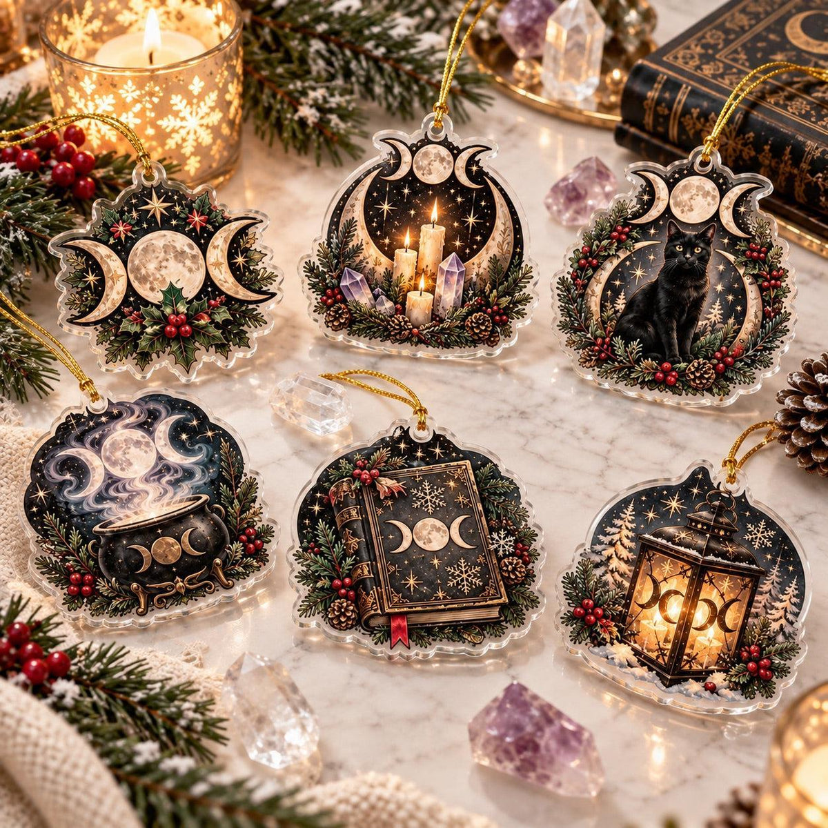 Triple Moon Yule Altar Acrylic Ornament Set – Wiccan Christmas Decor – set of 6, another view