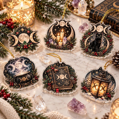 Triple Moon Yule Altar Acrylic Ornament Set – Wiccan Christmas Decor – set of 6, another view