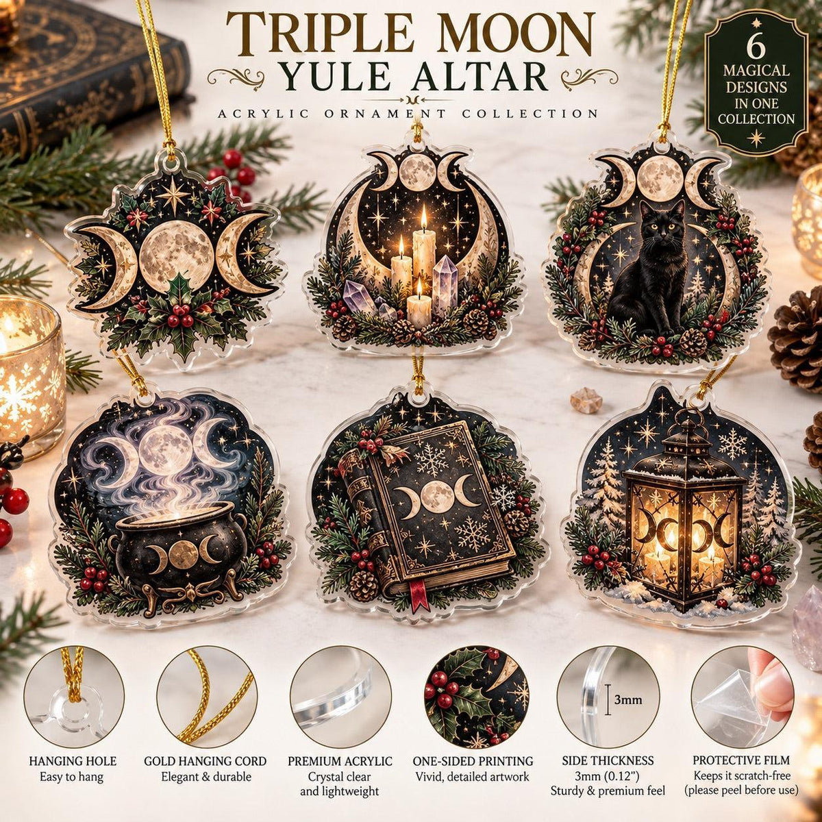 Triple Moon Yule Altar Acrylic Ornament Set – Wiccan Christmas Decor – ornament size and details