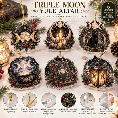 Triple Moon Yule Altar Acrylic Ornament Set – Wiccan Christmas Decor – ornament size and details