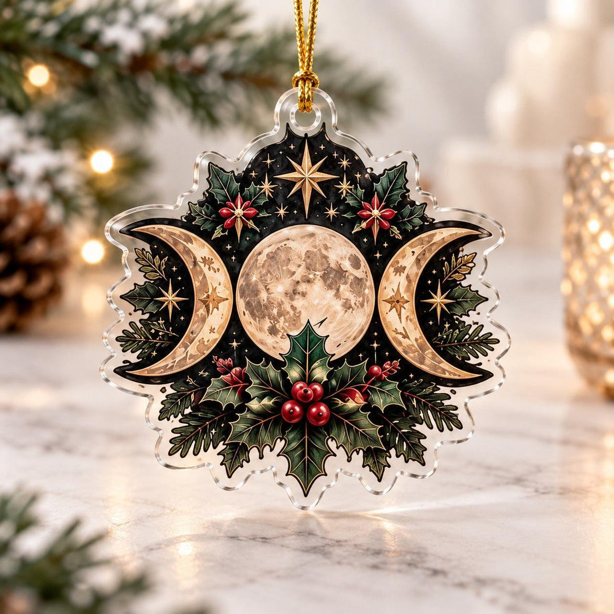 Triple Moon Yule Altar Acrylic Ornament Set – Wiccan Christmas Decor – Triple Moon Holly ornament