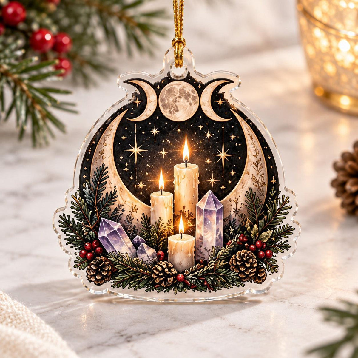 Triple Moon Yule Altar Acrylic Ornament Set – Wiccan Christmas Decor – Crystal Candle Altar ornament