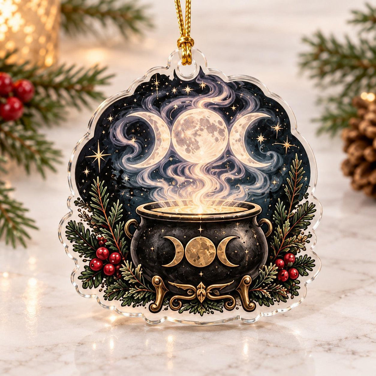 Triple Moon Yule Altar Acrylic Ornament Set – Wiccan Christmas Decor – Moon Smoke Cauldron ornament