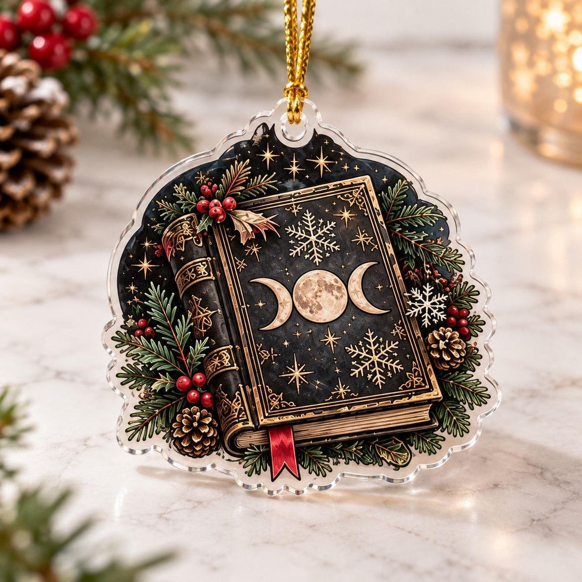 Triple Moon Yule Altar Acrylic Ornament Set – Wiccan Christmas Decor – Triple Moon Grimoire ornament