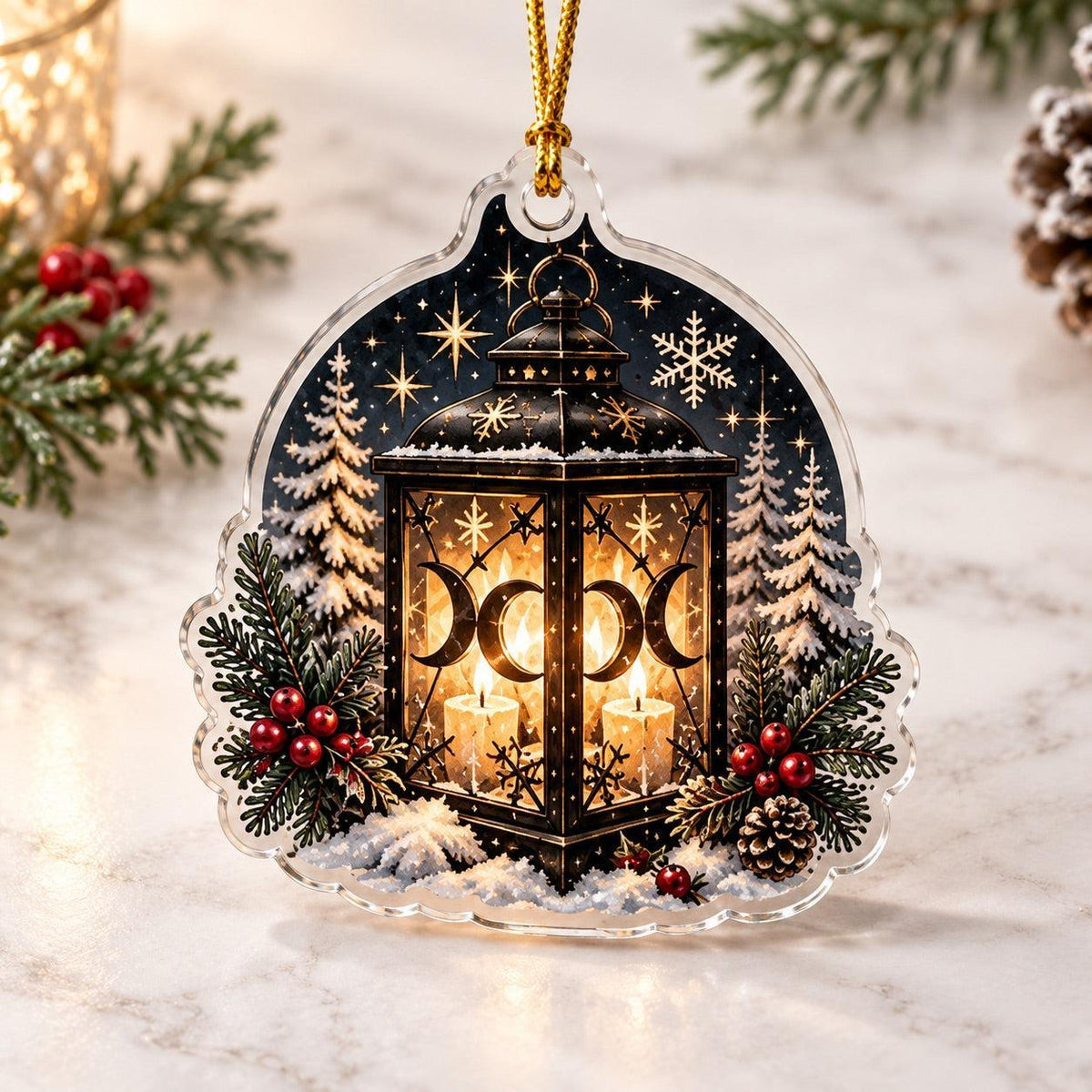 Triple Moon Yule Altar Acrylic Ornament Set – Wiccan Christmas Decor – Moonlit Lantern ornament
