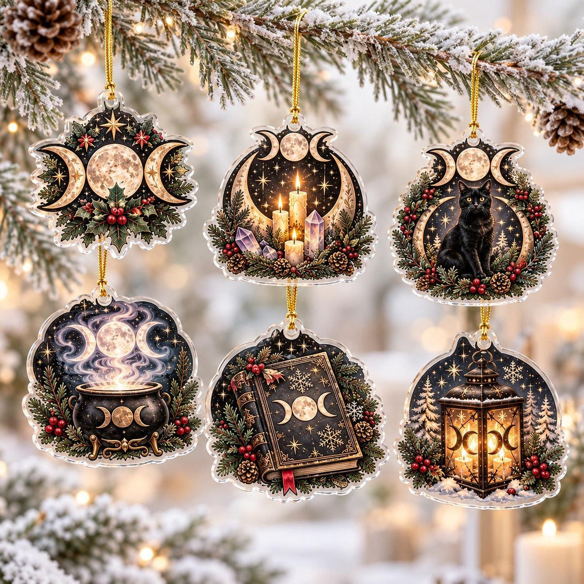 Triple Moon Yule Altar Acrylic Ornament Set – Wiccan Christmas Decor – set of 6 acrylic ornaments
