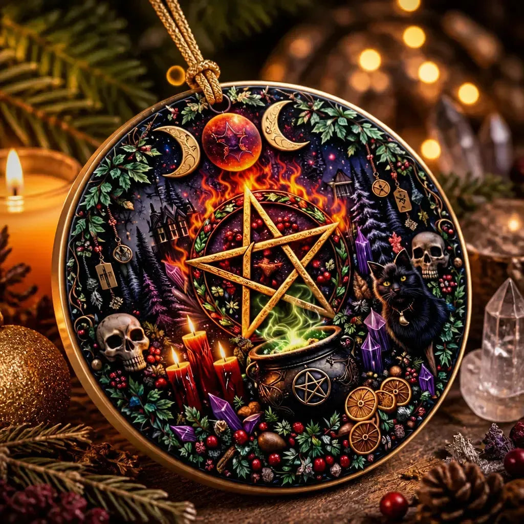 Triple Moon and Pentacle Wicca Yule Ceramic Ornament – Gothic Witchcraft Tree Decoration_mockup_2.webp