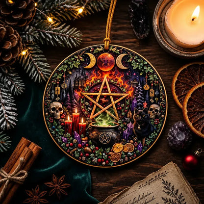 Triple Moon and Pentacle Wicca Yule Ceramic Ornament – Gothic Witchcraft Tree Decoration_mockup_3.webp