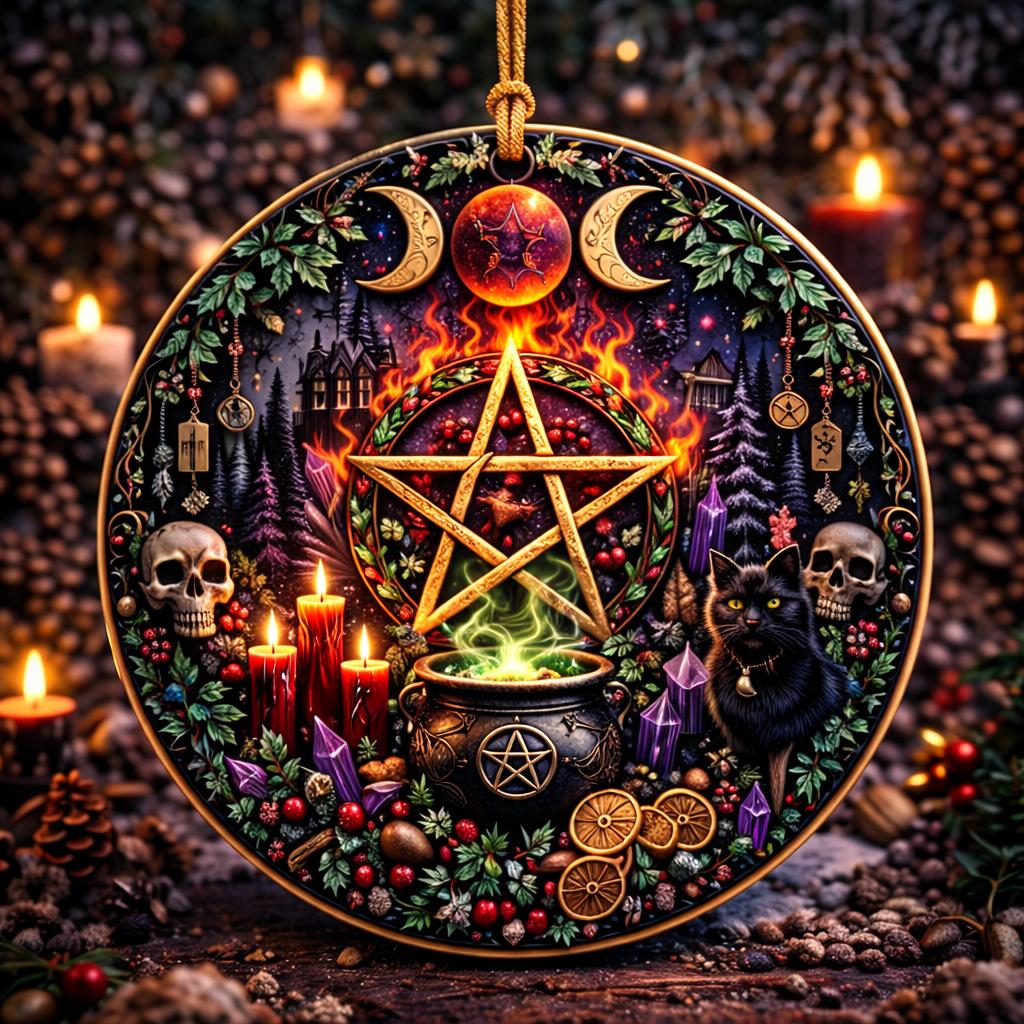 Round ceramic Wicca Yule ornament with a gold pentacle, triple moon, black cat, skulls, and cauldron.