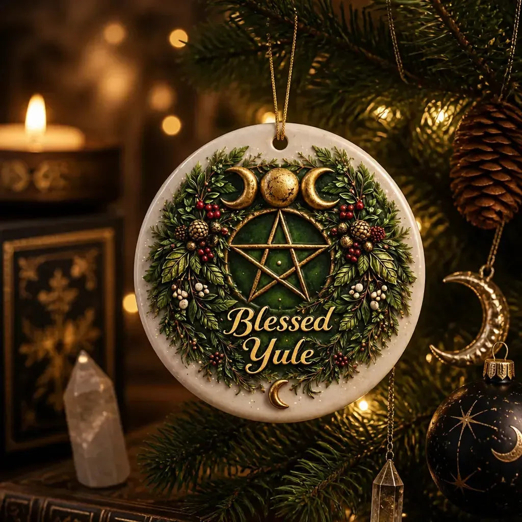 Triple Moon and Pentacle Yule Ceramic Ornament – Wicca Christmas Decoration_mockup_1.webp