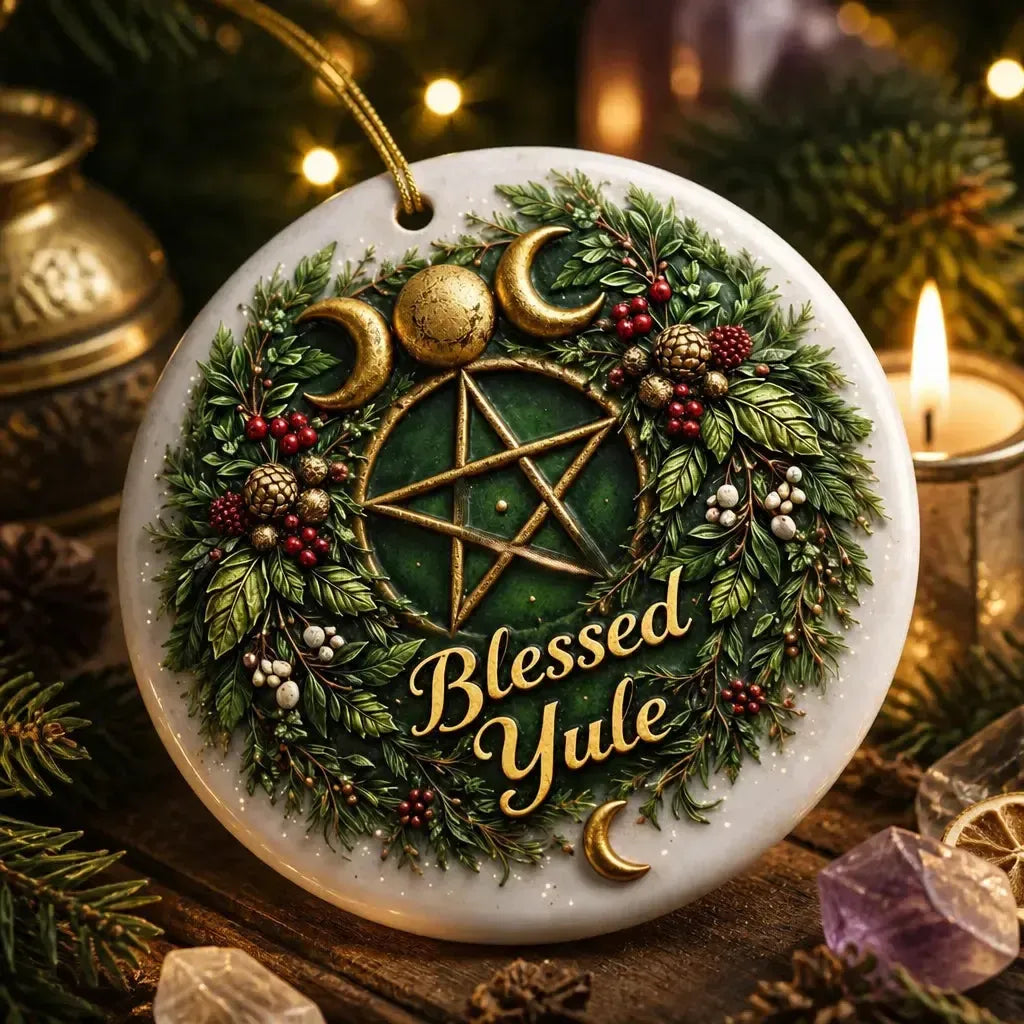 Triple Moon and Pentacle Yule Ceramic Ornament – Wicca Christmas Decoration_mockup_2.webp