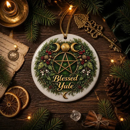 Triple Moon and Pentacle Yule Ceramic Ornament – Wicca Christmas Decoration_mockup_3.webp