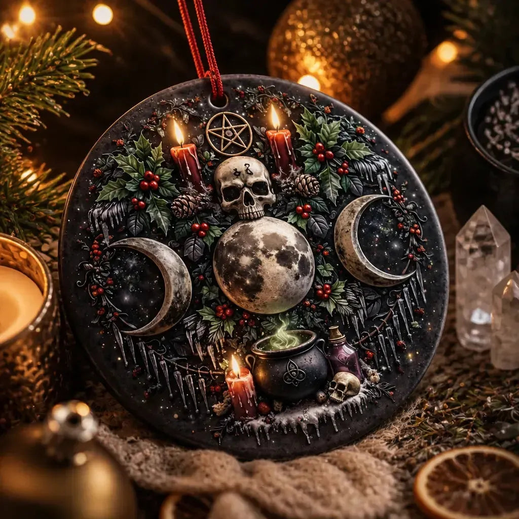 Triple Moon and Skull Wiccan Yule Ceramic Ornament – Witchy Gothic Christmas Ornament_mockup_2.webp