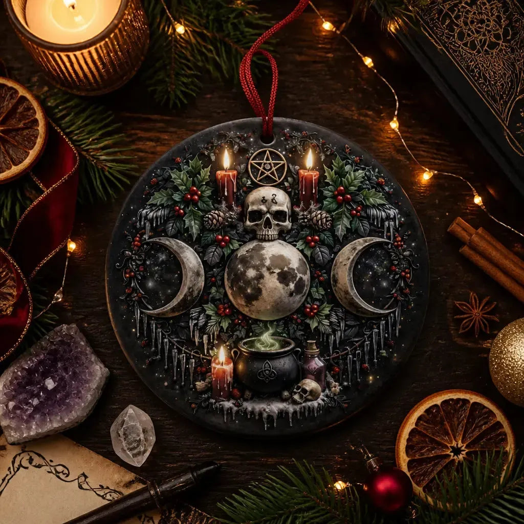 Triple Moon and Skull Wiccan Yule Ceramic Ornament – Witchy Gothic Christmas Ornament_mockup_3.webp