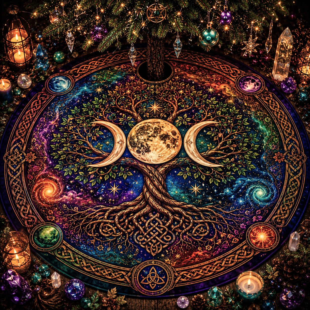 Decorative wicca yule tree skirt with a tree of life design, surrounded by candles and crystals.