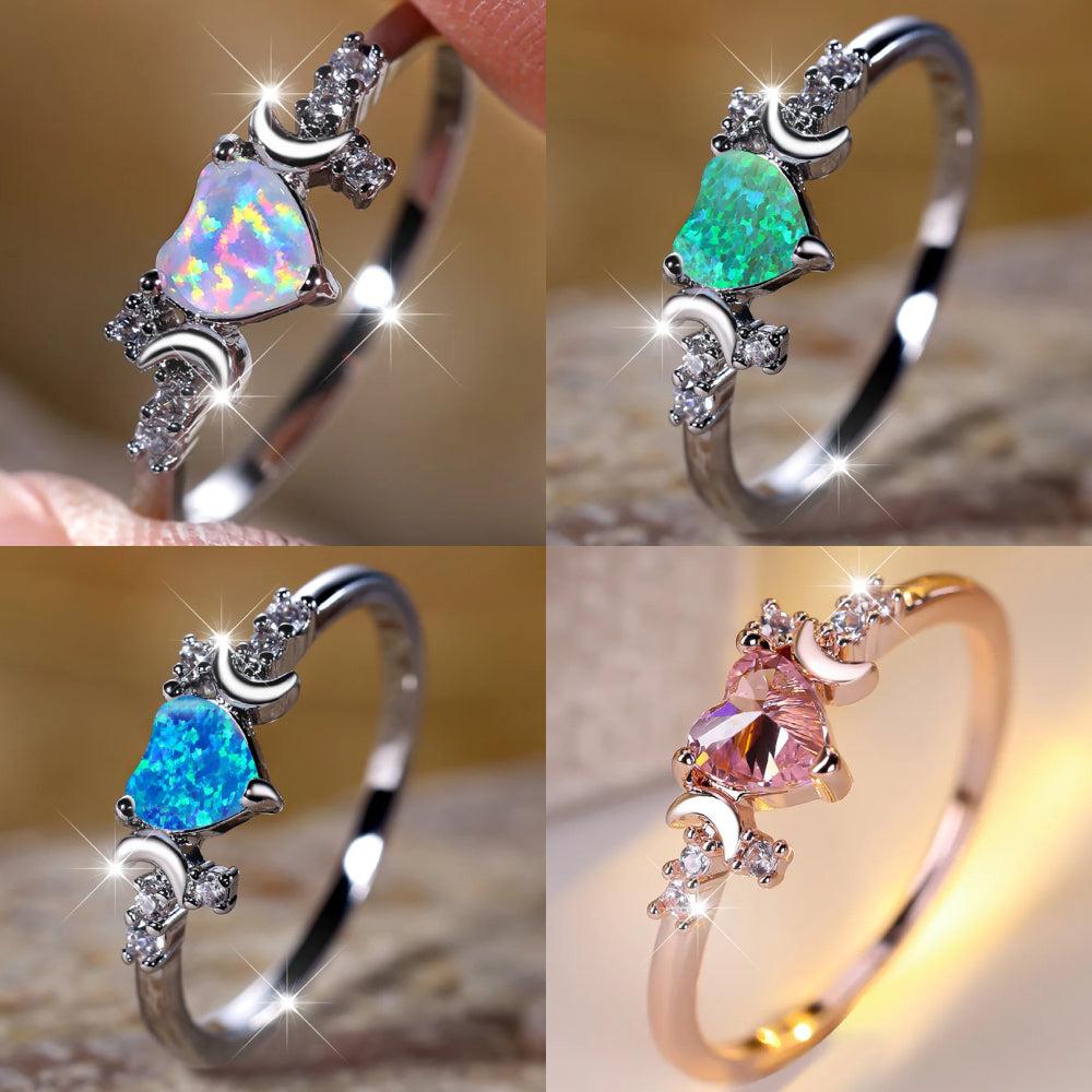 Triple Moon Ring Crystal Heart Moon Wicca Ring-MoonChildWorld