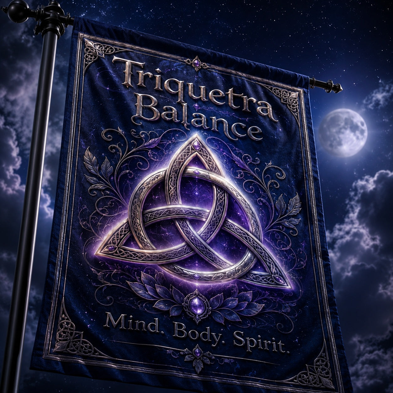 Triquetra Balance house flag mockup hanging outdoors as pagan decor