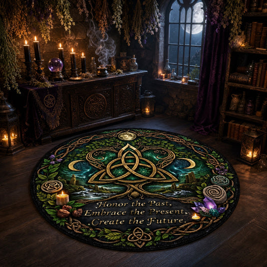 A large round black rug with an intricate green and gold Celtic knot design, displayed in a dark, mystical room with candles, books, and a window showing a full moon.