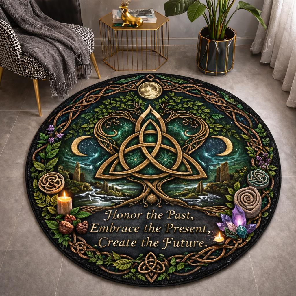 Round black Wicca rug with a golden Triquetra Celtic knot, Tree of Life, moons, and "Honor the Past..." quote.