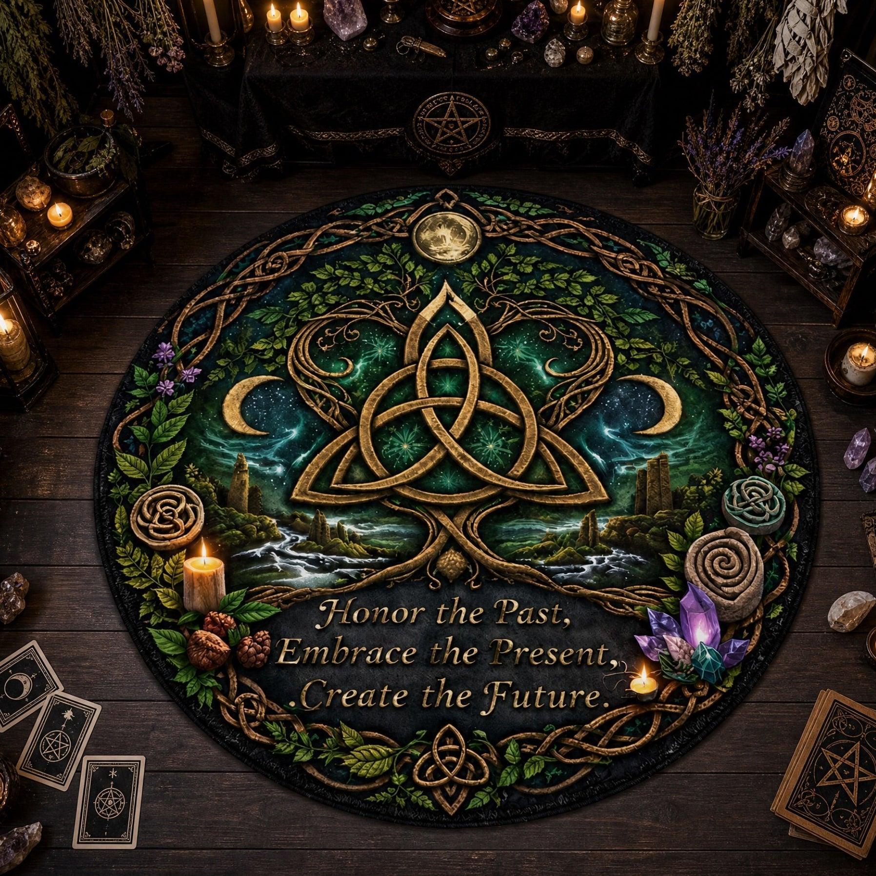 A round black altar mat featuring a green and gold Celtic triquetra knot, moon phases, crystals, and the text 'Honor the Past, Embrace the Present, Create the Future.' The mat is displayed on a dark wooden altar surrounded by candles, crystals, herbs, and tarot cards.