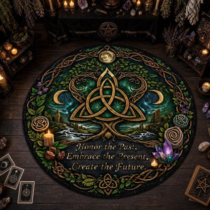 A round black altar mat featuring a green and gold Celtic triquetra knot, moon phases, crystals, and the text 'Honor the Past, Embrace the Present, Create the Future.' The mat is displayed on a dark wooden altar surrounded by candles, crystals, herbs, and tarot cards.