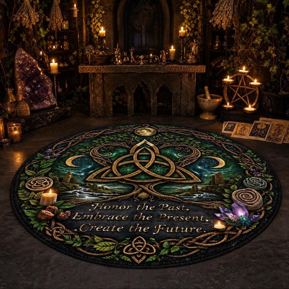 A large round black altar rug with a detailed green and gold Celtic triquetra design, surrounded by candles, crystals, and mystical props in a dark, atmospheric gothic room.