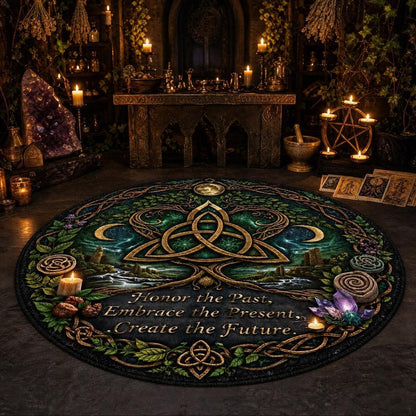 A large round black altar rug with a detailed green and gold Celtic triquetra design, surrounded by candles, crystals, and mystical props in a dark, atmospheric gothic room.