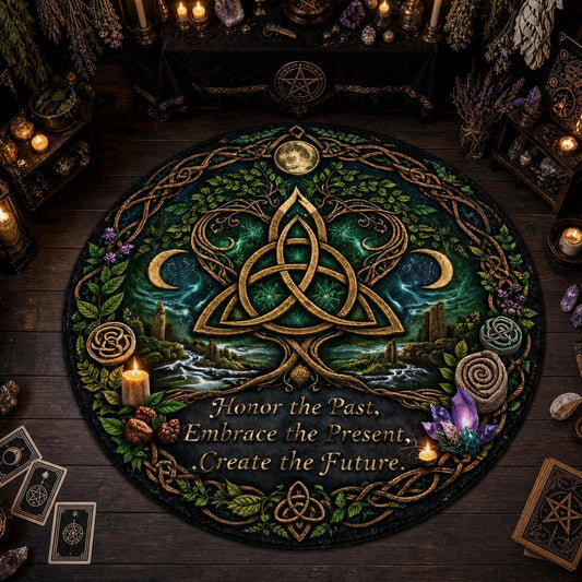 A round black altar mat featuring a green and gold Celtic triquetra knot, moon phases, crystals, and the text 'Honor the Past, Embrace the Present, Create the Future.' The mat is displayed on a dark wooden altar surrounded by candles, crystals, herbs, and tarot cards.