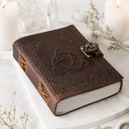 Triquetra Celtic Leather Journal – Antique Large Format Pagan Grimoire Notebook – leather journal, back cover view