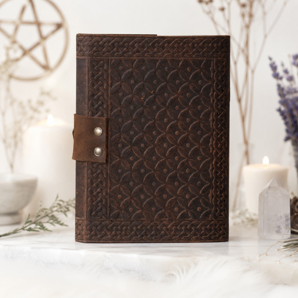 Triquetra Celtic Leather Journal – Antique Large Format Pagan Grimoire Notebook – leather journal, open blank pages view