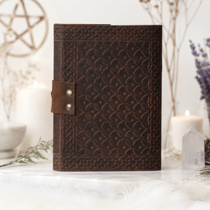 Triquetra Celtic Leather Journal – Antique Large Format Pagan Grimoire Notebook – leather journal, open blank pages view