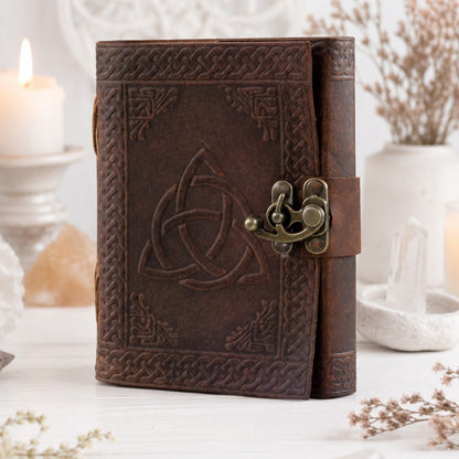 Triquetra Celtic Leather Journal – Antique Large Format Pagan Grimoire Notebook – leather journal, front cover view