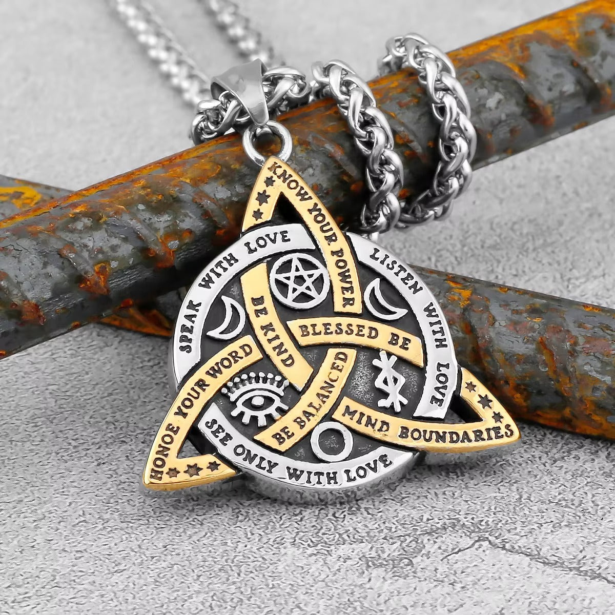 Mystical silver & gold Triquetra Celtic Knot necklace with Wiccan symbols & empowering words.