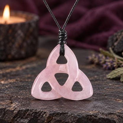 Multicolored brown and green triquetra pendant on a knotted cord in a witchy altar setting
