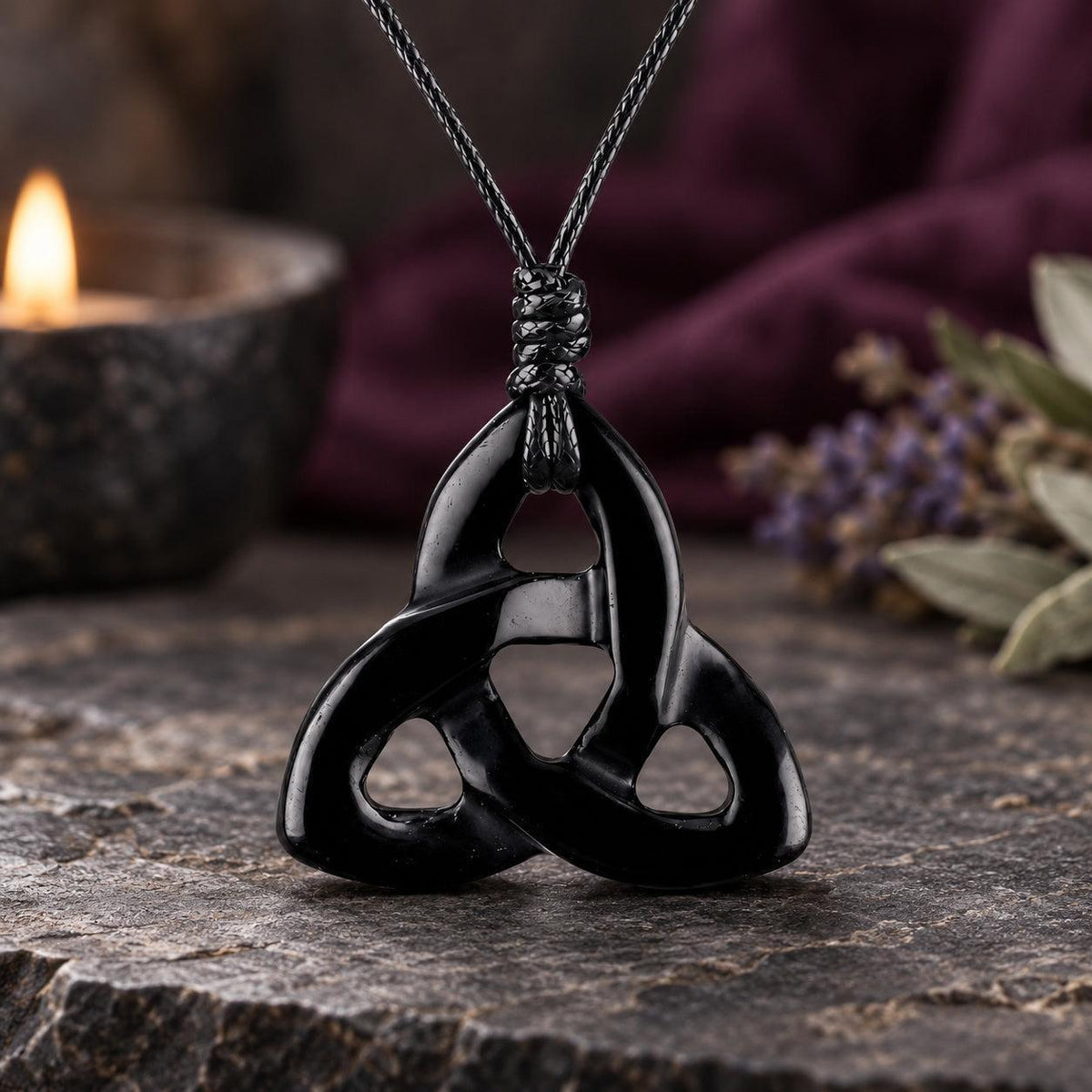 Red triquetra stone pendant on a knotted cord in a witchy altar setting